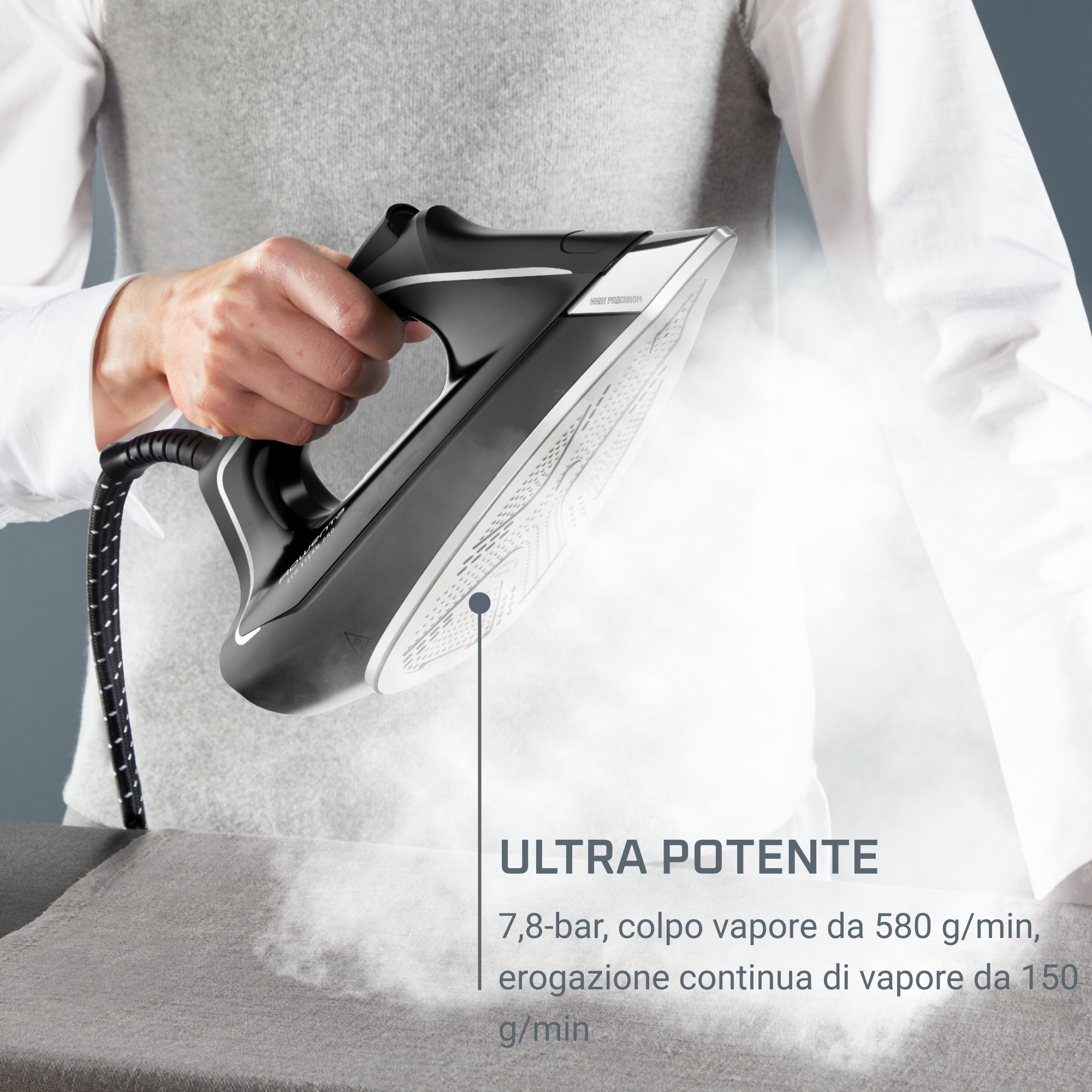 Eco Steam Pro, Ferro da stiro con caldaia, Potente vapore ad alta pressione, Modalità Eco Ultra-Efficiente