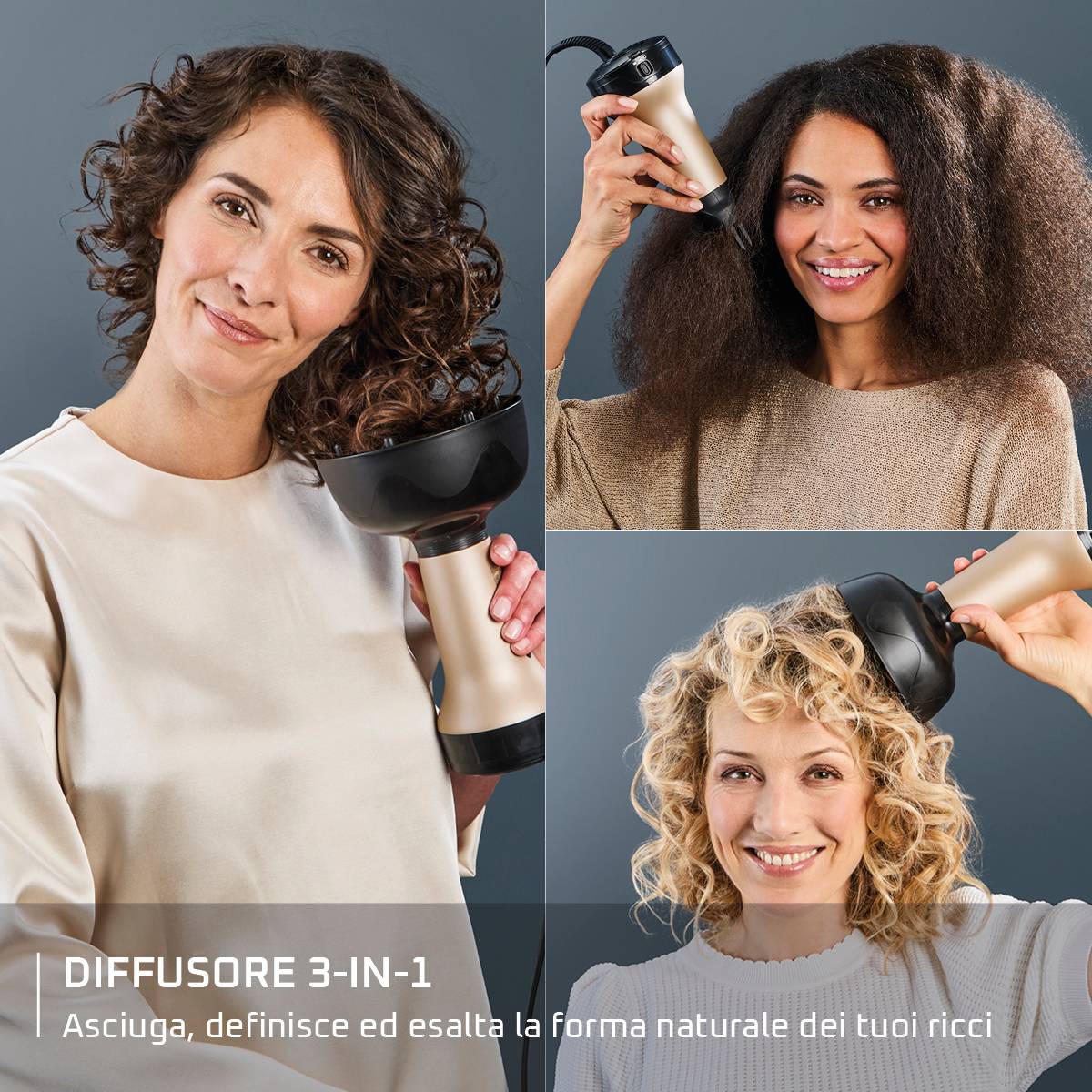 Curl Harmony, Diffusore ad Aria Calda 3 in 1, Capelli Ricci
