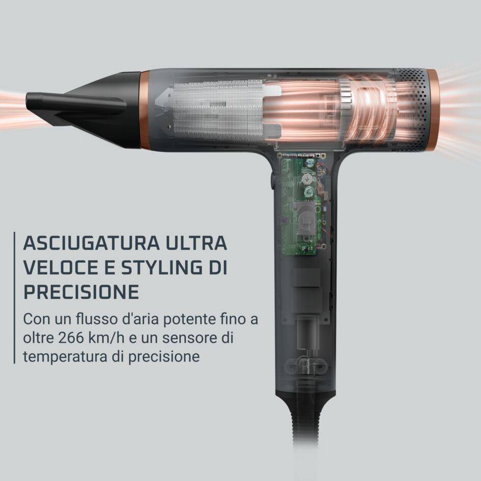 NANO, asciugacapelli, tecnologia con motore Brushless NANO, flusso d’aria ultra potente fino a oltre 266 km/h