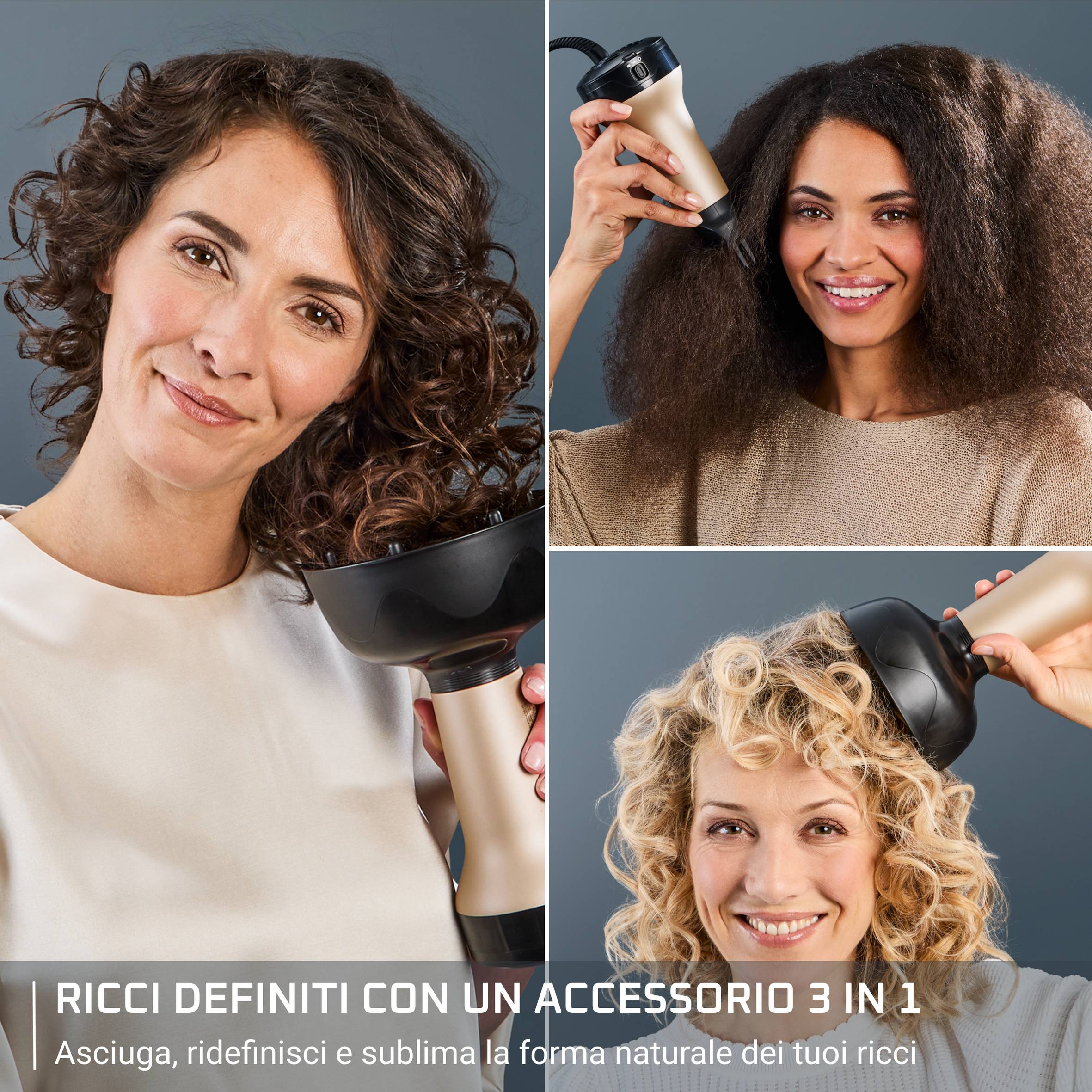 Curl Harmony, Diffusore ad Aria Calda 3 in 1, Capelli Ricci