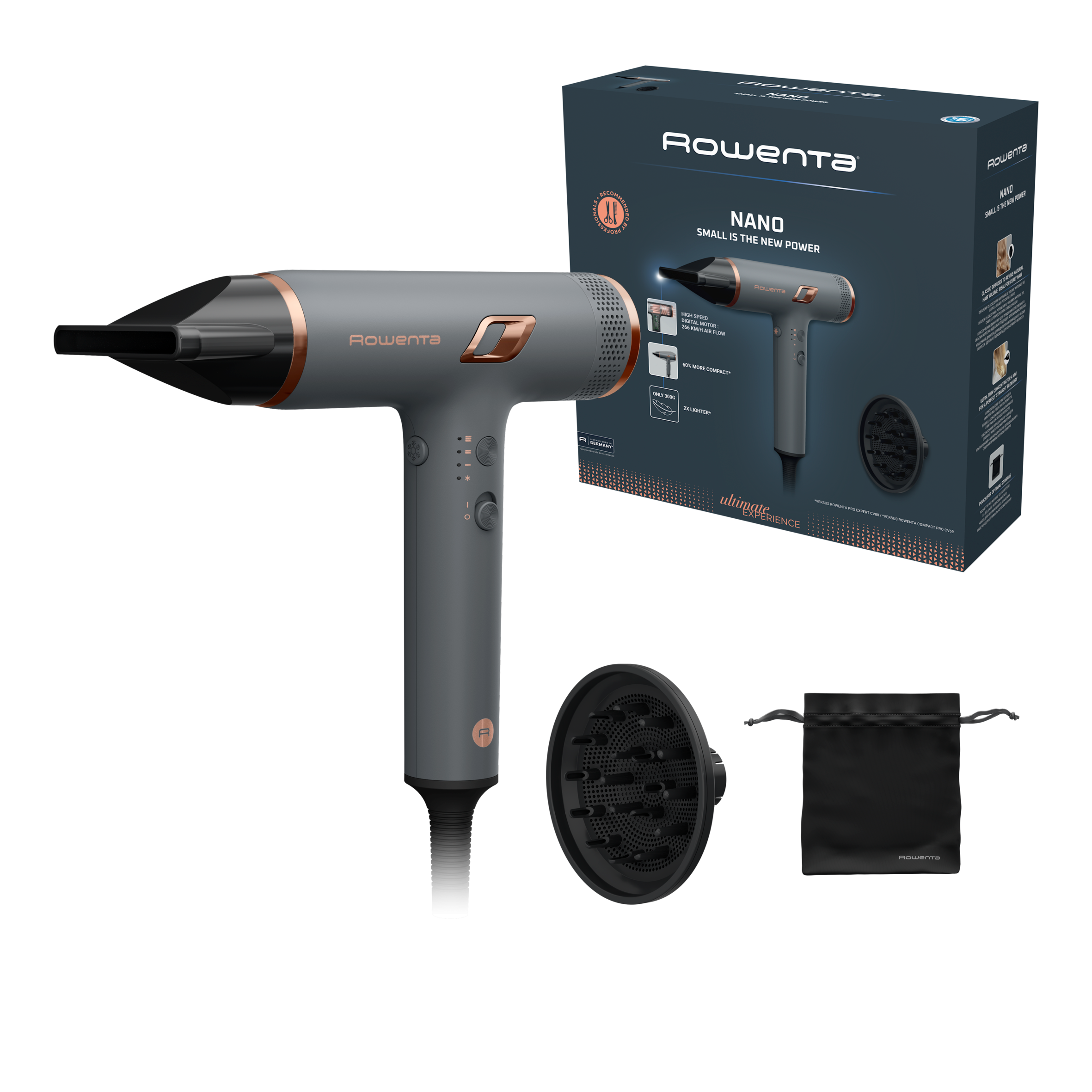 NANO, asciugacapelli, tecnologia con motore Brushless NANO, flusso d’aria ultra potente fino a oltre 266 km/h